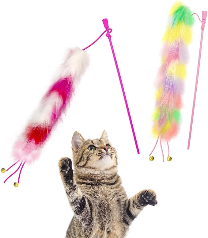 2 Pack Cat Wand Toy, Rainbow Cat Feather Toys with Bells, Teaser Wand with Soft Furry Tail, Interactive Toys for Indoor Cats & Kitten & Kitty-Mewly Pet