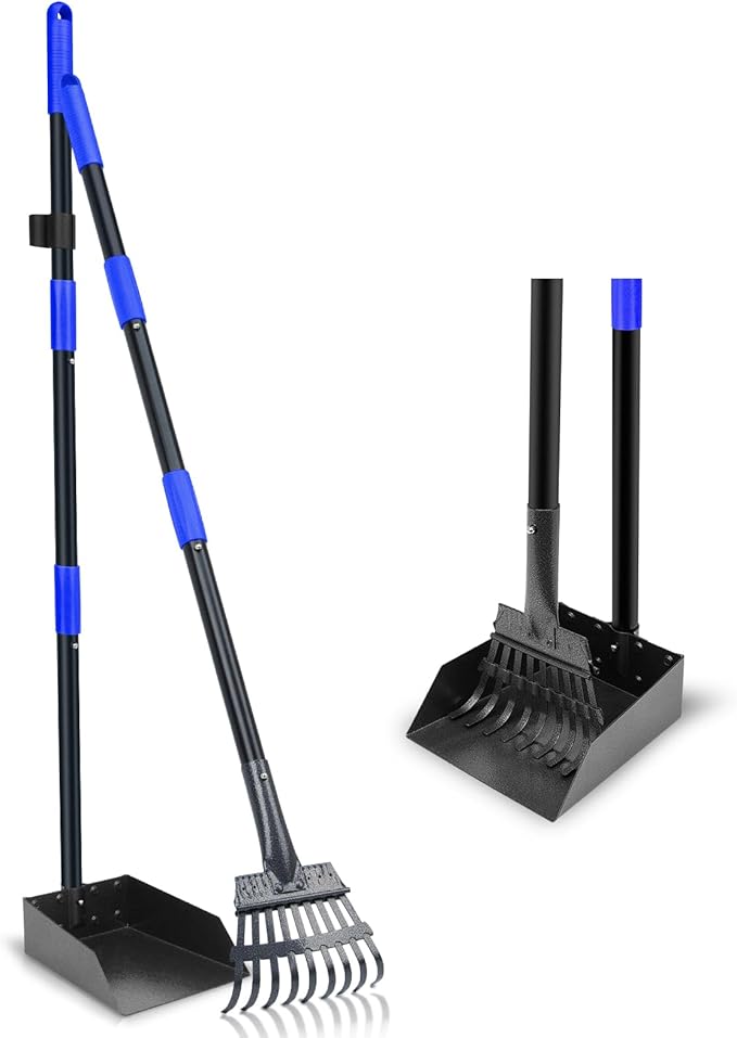 Pooper Scooper, Dog Pooper Scooper Tray and Rake Set with Adjustable Stainless Steel Long Handle for Large Medium Small Dogs (Blue)-Mewly Pet