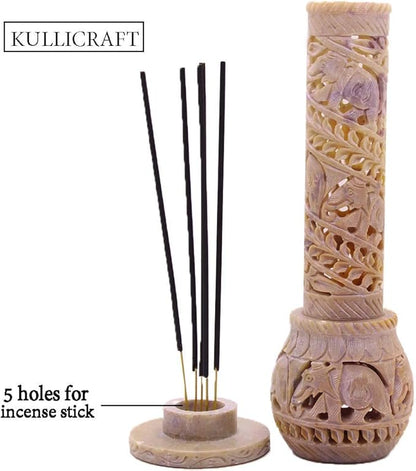 Carry Me Hand Carved Soapstone Incense Stick Holder | Candle Burner | Tea Light Stand. Elephant Jaali Carving Bottle Shape. Decorative Home and Kitchen Decor - (3x3x10.5 Inches)
