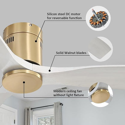 Sofucor 52 Inch Ceiling Fan No Light, Flush Mount Ceiling Fans with Remote, Solid Wood Indoor/Outdoor Ceiling Fans Without Lights, Reversiable DC Motor, Modern Ceiling Fan for Bedroom Farmhouse Patio