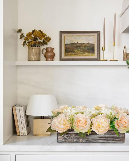 DILATATA Flower Arrangement with Wooden Vase 14" Artificial Flowers in Pot - Fake Flowers Roses Peonies Hydrangeas in Wooden Vase Potted Flower Centerpieces for Table Decor Living Room - Pale Yellow