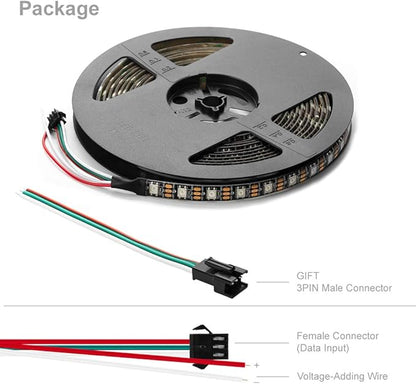 BTF-LIGHTING WS2812B IC RGB 5050SMD Pure Gold Individual Addressable LED Strip 16.4FT 300LED 60Pixel/m Flexible Full Color IP65 DC5V for DIY Chasing Color Project(No Adapter or Controller)