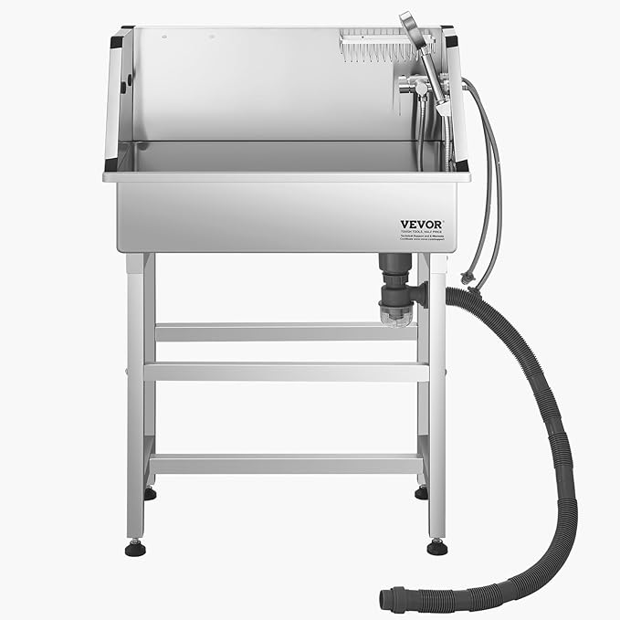 VEVOR Stainless Steel Dog Washing Station, 34 inch Pet Grooming Tub w/Faucet & Showerhead & Soap Holder & Play Balls Simple Dog Bathtub for Multiple Pets, Home Washing Sink-Mewly Pet