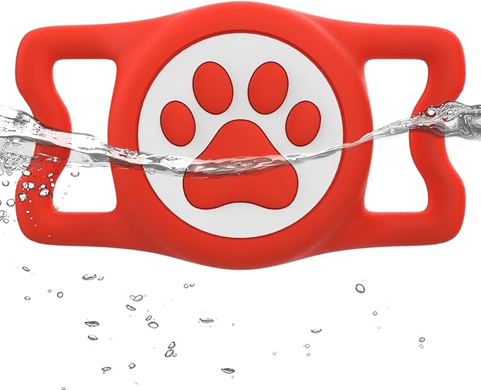 IP68 Waterpoof Dog Airtag Holder, Stretchy Silicone Full Body Covered Apple Air Tag Holder for Dog Cat Collar Fit All Width Collar (Red, 1 Pack)-Mewly Pet