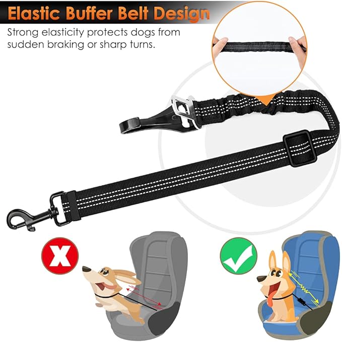 SlowTon Dog Seat Belt, Adjustable Dog Safety Belt Leash, 2 in 1 Latch Bar Attachment Dog Car Seatbelt with Elastic Nylon Bungee Buffer, Reflective Nylon Belt Tether Connect to Dog Harness (2Black)-Mewly Pet
