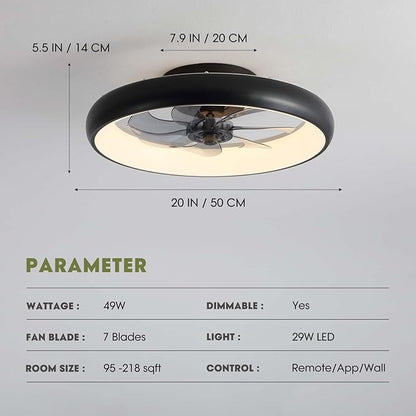 Ceiling Fans with Lights 20'' Flush Mount Fan Remote & APP Control Black Low Profile 6 Wind Speeds Smart Dimmable LED for Bedroom Living Room (Y1095-BK-ELE)