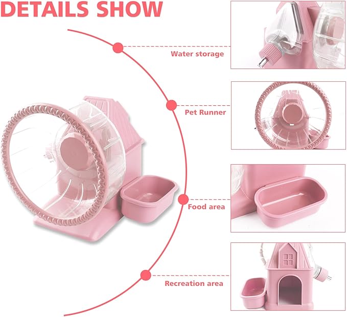 4 in 1 Silent Large Hamster Wheel Multifunctional Hamster Running Wheel Quite Running Spinner Wheel Accessories with Food Bowl Water Bottle for Hamsters Dwarf Gerbil (Pink)-Mewly Pet