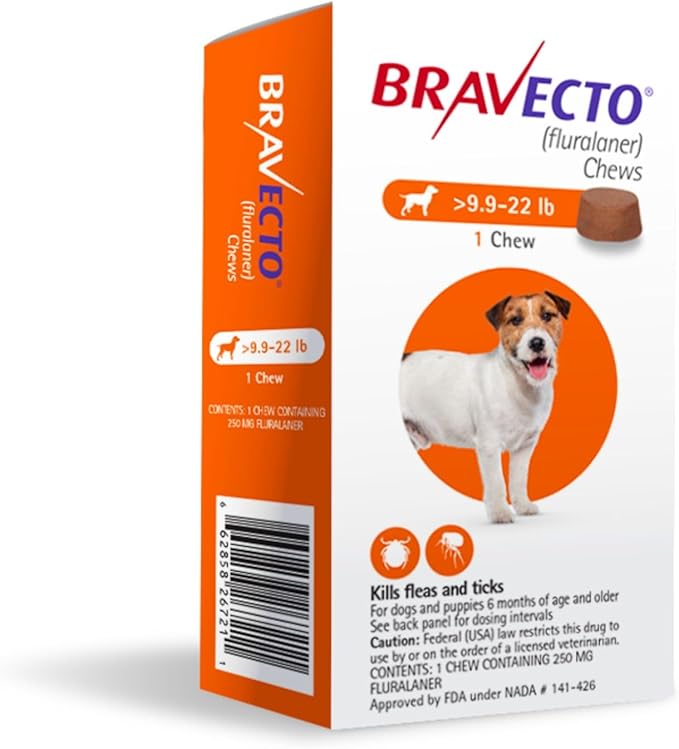 BRAVECTO Chew for Dogs, Flea & Tick, 1 Chew, 12 Week Supply, 9.9-22 lbs., Orange Box-Mewly Pet