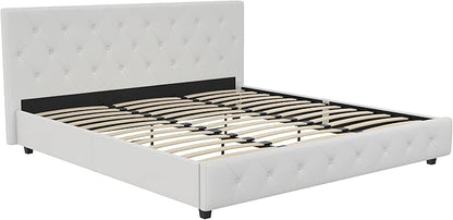 DHP Dakota Upholstered Platform Bed with Diamond Button Tufted Headboard and Footboard, No Box Spring Needed, King, White Faux Leather