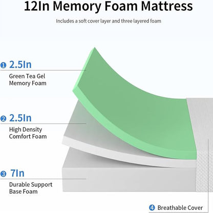PayLessHere 12 inch Memory Foam Mattress Cooling Gel Green Tea Infused Mattress,Fiberglass Free,CertiPUR-US Certified,Cooler Sleep Supportive & Pressure Relief,White California King