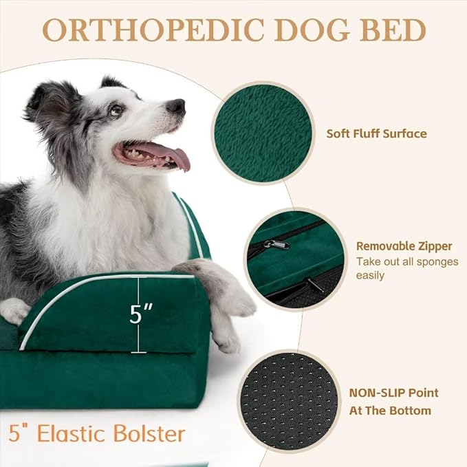 Comfort Expression XL Orthopedic Dog Beds, Waterproof Extra Large Dog Beds with Bolster, Washable Pet Sofa Couch with Removable Cover & Non-Slip Bottom(X-Large,Emerald)-Mewly Pet