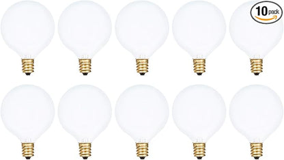 Simba Lighting Small Globe G16.5 Round Bulb 25W E12 Candelabra Base (10 Pack) for Chandelier, Ceiling Fan, Decorative Vanity Lights, Sconce, Aromatic Wax Warmer, Frosted Glass 120V, 2700K Warm White