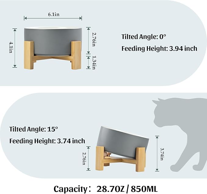 SPUNKYJUNKY 15° Slanted Ceramic Dog and Cat Bowl with Wooden Stand, Tilted Bulldog Food and Water Bowl No Slip Non-Spill for Cats Medium Dogs Big Face Pets 28.7 OZ (3.6 Cups, White-Grey)-Mewly Pet