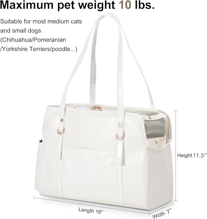 Dog Carrier Purse, Fashion Leather Pet Carrier with Pockets, Airline Approved Soft Sided Dog Carrying Bag for Puppy Cat Dog White-Mewly Pet