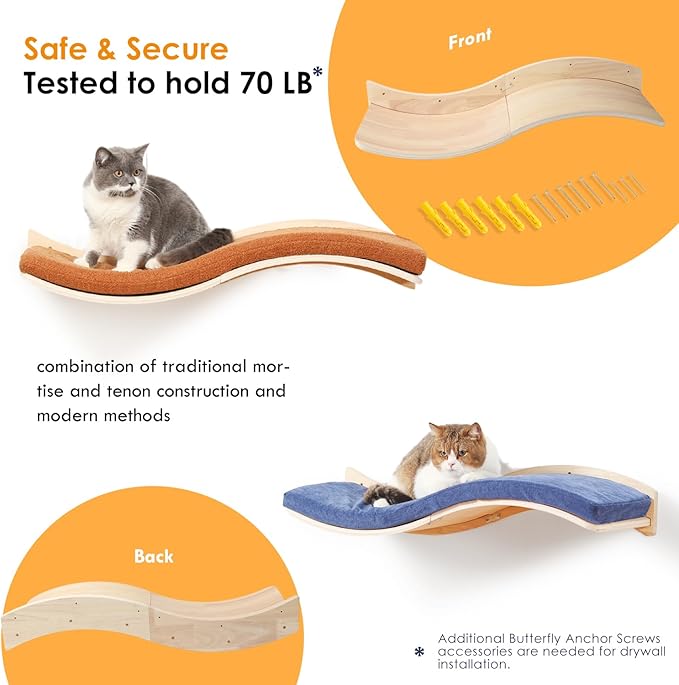 Cat Wall Shelves for Large Cats - Wall Mounted Furniture with Comfortable Cushion, Perfect Perch and Bed for Multi-Cat Households - 35 inch Wavy Shelf for Climbing, Playing, Resting, and Lounging-Mewly Pet