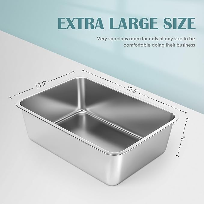 IKITCHEN Stainless Steel Cat Litter Box, Large Metal Litter Box for Cats, Never Absorbs Odors,Stain Free, Rustproof, Non Stick Smooth Surface, Anti-Slip Rubber Bottom, 19.5" L x 13.5" W x 6" H-Mewly Pet