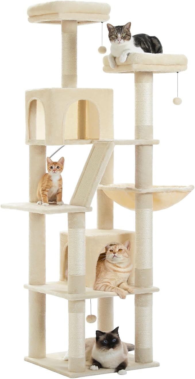 PAWZ Road 70 Inch Cat Tower, Tall Cat Tree with 2 Cozy Condos, 2 Plush Perch, Large Basket, 2 Scraching Pad & 6 Scraching Posts for Indoor Cats Large Adult, Beige-Mewly Pet