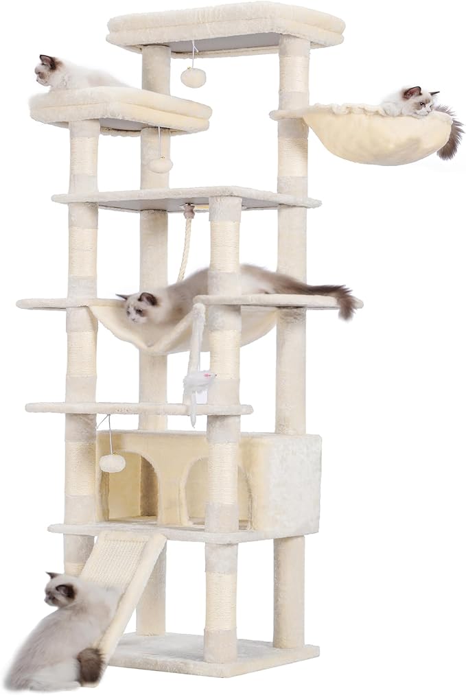 Heybly Tall Cat Tree, 78-inch Multi-Level Cat Tower for Indoor Cats, 2 Widened Plush Perches Cat Condo with Scratching Board and Big Caves, Beige HCT033M-Mewly Pet