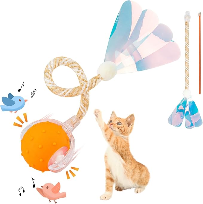 Interactive Cat Toys Ball for Indoor Cats, Automatic Agile Rolling Cat Ball with Elastic Mesh Tail, Bird Chirping & Motion Activated, 2 Tail Accessories, Kitten Toy for Bored (Orange)-Mewly Pet
