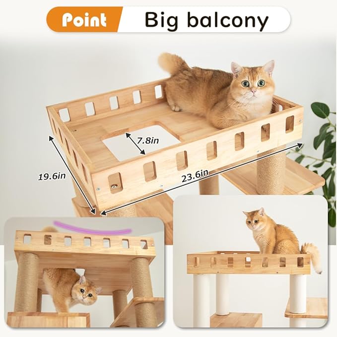 74" Wooden Cat Tree Tower for Large Cats, Multi-Level Cat Climbing Furniture with Scratching Posts, Cat Condo & Hammock, Natural Wood Cat Activity Center (White)-Mewly Pet
