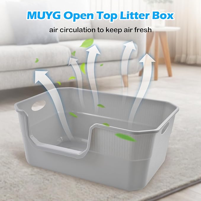 Large Open Cat Litter Box Low Entry,High Sided Cat Litter Pan Anti-Splashing Plastic Kitty Box Grey Kitten Pan with High Wall Easy Clean-Mewly Pet