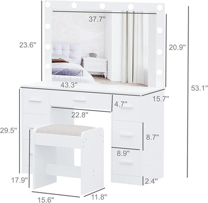 Irontar Vanity Desk with Stool, Makeup Table with Lighted Mirror, 3 Color Lighting Modes, Brightness Adjustable, Dressing Table with Drawers, Bedroom Vanity Table Set for Women, White