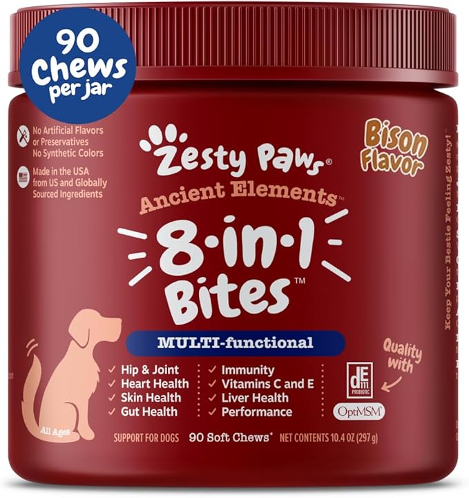 Zesty Paws Dog Multivitamin, Chewable Dog Vitamins and Supplements for Hip & Joints, Skin & Coat, Omega 3 Fish Oil for Dogs- Senior & Puppy Multivitamin - Bison- 90ct-Mewly Pet