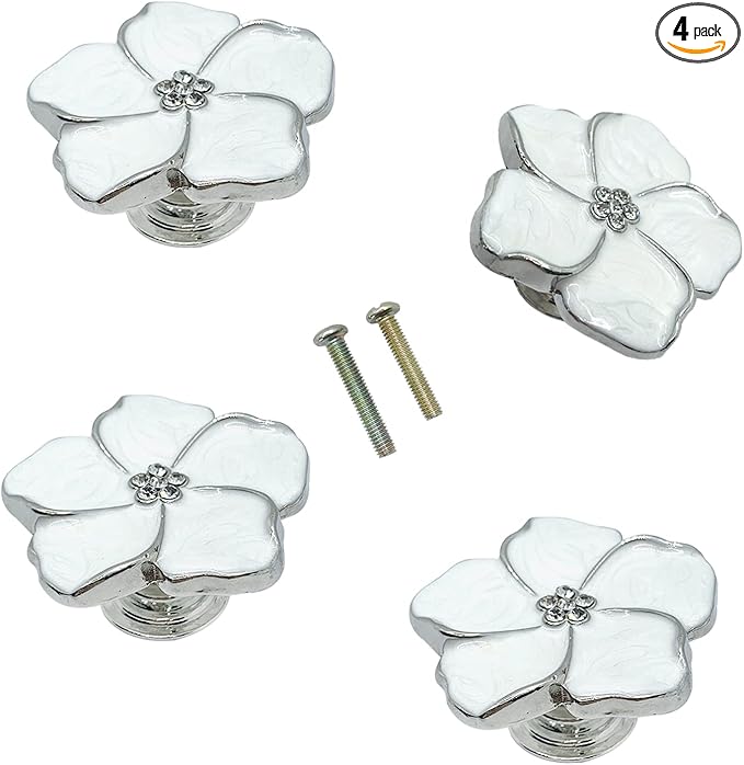 4pcs White Flower Petal Handles Kitchen Cabinet Drawer Knobs & Pulls (Silver, 8 Screws)