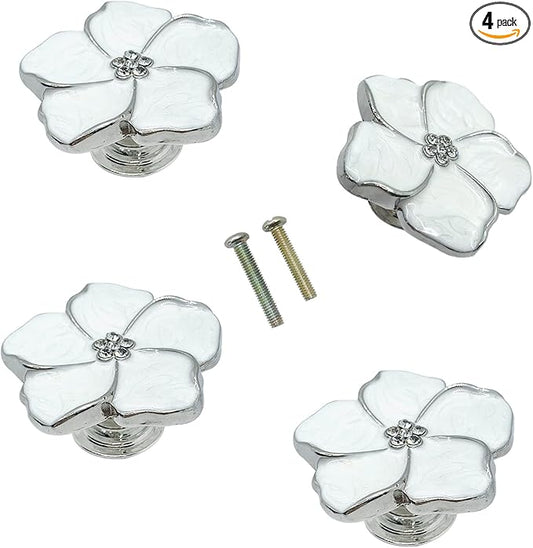 4pcs White Flower Petal Handles Kitchen Cabinet Drawer Knobs & Pulls (Silver, 8 Screws)