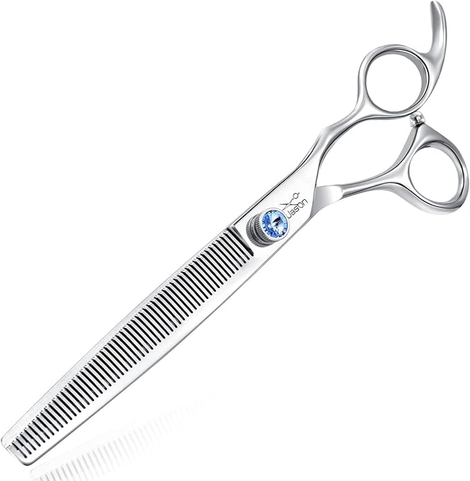 JASON 7.5" 56-Tooth Blending Dogs Grooming Scissors Cats Thinning Shears Pets Blender Thinner Trimming Texturizing Kit with Offset Handle Blue Jewelled Screw (7.5 Inch)-Mewly Pet