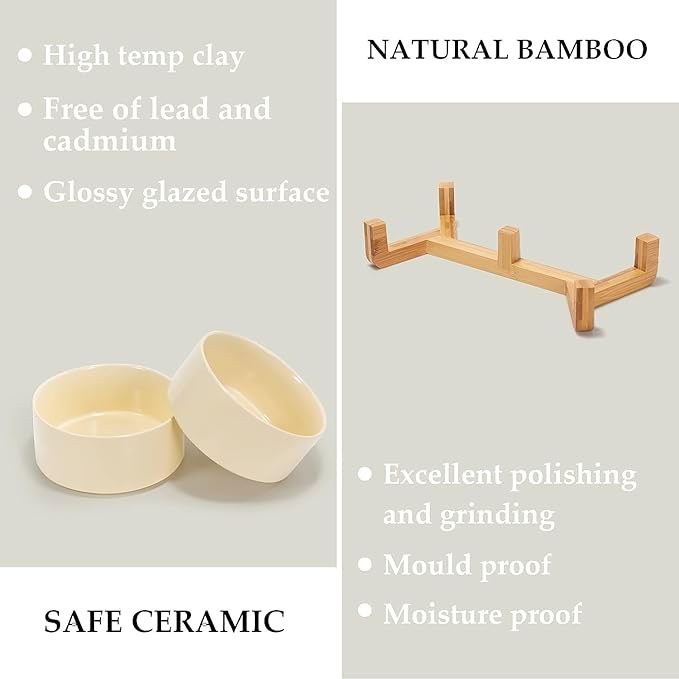SPUNKYJUNKY Ceramic Dog and Cat Bowl Set with Wooden Stand, Modern Cute Weighted Food Water Set for Small Size Dogs (13.5OZ) & Medium Sized Dogs (28.7OZ) & Cats (3.6 Cups, 2 × Beige)-Mewly Pet