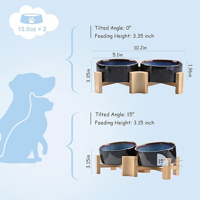 SPUNKYJUNKY 15° Slanted Ceramic Dog and Cat Bowl with Wooden Stand, Tilted Bulldog Food and Water Bowl No Slip Non-Spill for Cats Medium Dogs Big Face Pets 13.5 OZ (1.7 Cups, Starry Blue × 2)-Mewly Pet