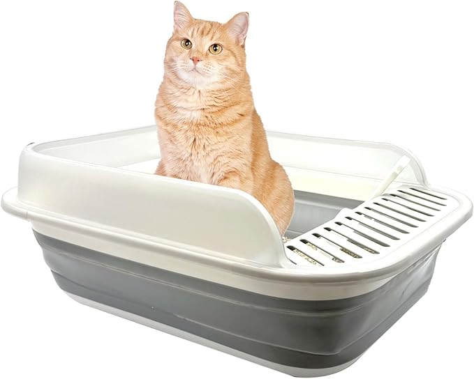 Open Cat Litter Box with High Side, 20.67 X 15.16 inch Anti-Splashing Kitty Litter Pan Collapsible Travel Litter Potty Pan Scoop Leak-Proof Pedal Cat Toilet No Smell Easy Clean (L Gray High Side)-Mewly Pet