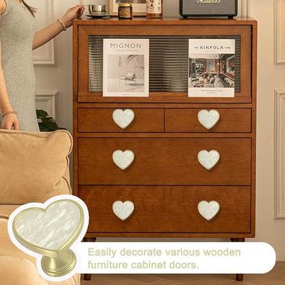 6 Pcs Brass Knobs Drawer Pulls Handles Heart-Shaped Gold Cabinet knobs, Suitable for Bathroom Drawer Kitchen Door Pulls Handles Heart-Shaped Handles (White)
