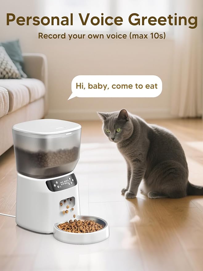 Automatic Cat Feeder and Water Fountain, 4L/16 Cups Timed Cat Dry Food Dispenser, 10s Meal Call, 20 Portions 6 Meals Per Day, 2L Cats Fountains for Drinking with Filter, Pet Feeder for Dog White-Mewly Pet