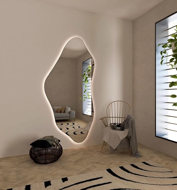 Asymmetrical Bathroom LED Mirror, Modern Irregular Shape Wall Mirror with LED Lights, Frameless Aesthetic Backlit LED Illimunated Vanity Mirror (50" x 25" inc)