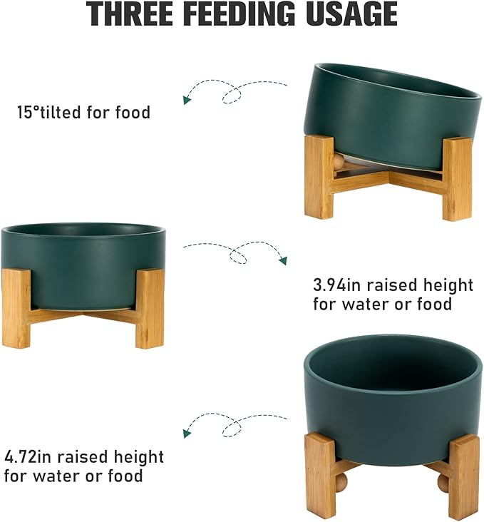SPUNKYJUNKY 15° Slanted Ceramic Dog and Cat Bowl with Wooden Stand, Tilted Bulldog Food and Water Bowl No Slip Non-Spill for Cats Medium Dogs Big Face Pets 28.7 OZ (3.6 Cups, Green)-Mewly Pet