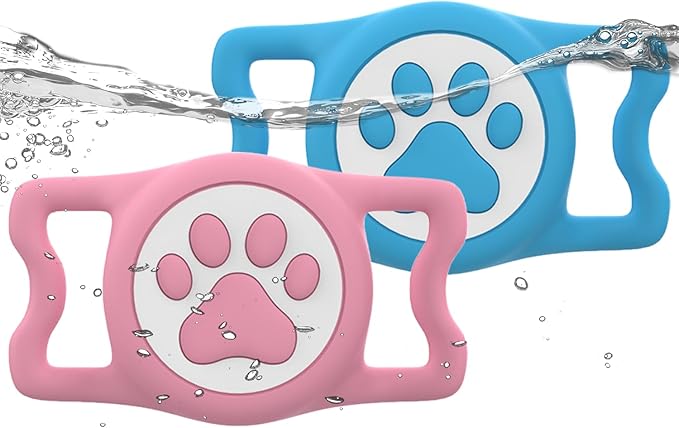 IP68 Waterpoof Dog Airtag Holder, Stretchy Silicone Full Body Covered Apple Air Tag Holder for Dog Cat Collar Fit All Width Collar (Blue/Pink, 2 Pack)-Mewly Pet