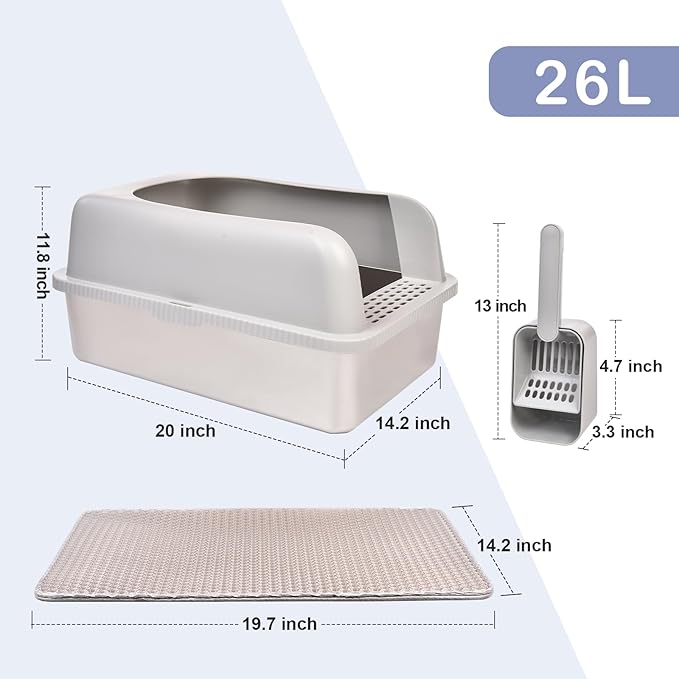 Stainless Steel Cat Litter Box with Lid, 20" L x 14.2" W x 11.8" H, Extra Large Litter Box for Big Cats with High Sided, Anti-Urine Leakage, Easy Cleaning, Include Cat Mat and Scoop-Mewly Pet