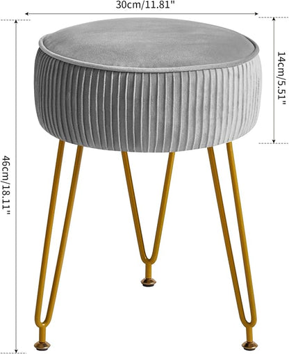 IBUYKE Velvet Round Footrest Ottoman, Makeup Vanity Stool Side Table, Dressing Table Seat, Pouf Couch Stool, Golden Steel Legs, Gray LG-30G