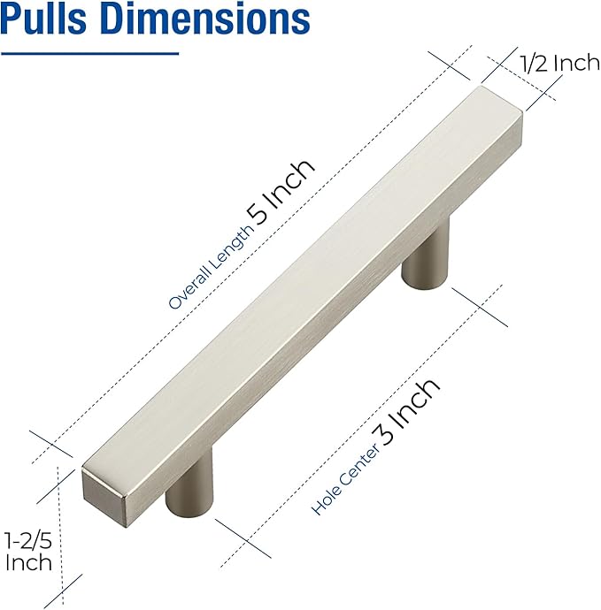 JOY DECOR 10 Pack 3 Inch Brushed Nickel Square Cabinet Handles Stainless Steel Cabinet Hardware Pulls for Kitchen and Drawers with 5 Inch Overall Length
