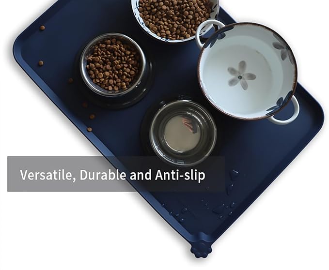 Hoki Found Large Waterproof Silicone Pet Food Mats Tray - Non Slip Pet Bowl Mats Placemat - Dog Pet Cat Feeding Mat - Dog Cat Food Mats -Pet Water Mats for Floors - French Navy-Mewly Pet