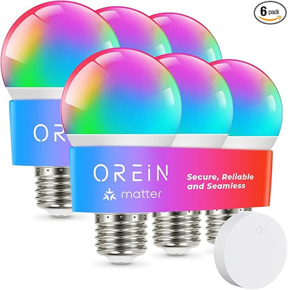 OREiN Matter Smart Light Bulb, Smart Light Bulbs with Remote Control Work with Apple Home, Alexa, Google Home, SmartThings, Color Changing Light Bulbs 2.4Ghz WiFi, 800 Lumens Equivalent 60W 6Pack