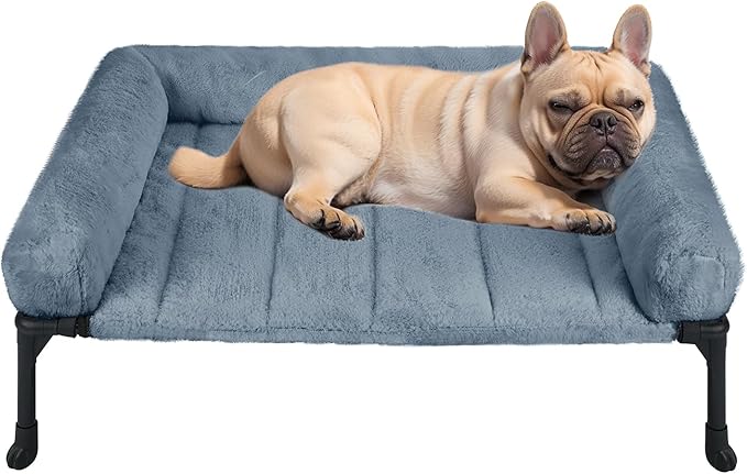 Veehoo Cooling Elevated Dog Bed with Fluffy Plush Bolster Cushion, Indoor Raised Dog Beds for Large Dogs, Soft Pet Sofa Cot with Removable Washable Mat, No-Slip Feet, 32 x 25 inches, Haze Blue-Mewly Pet