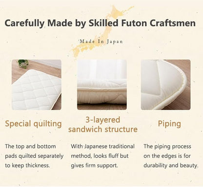 EMOOR Japanese Futon Mattress CLASSE Small-Twin Made in Japan White, Foldable Floor Sleeping Bed Tatami Mat