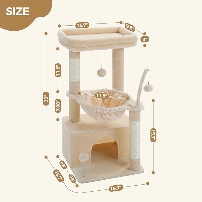 PEQULTI 4-in-1 Cat Tree, 33'' Cat Tower for Indoor Cats with Large Cat Condo, Scratching Post for Cats with Deep Hammock& Cozy Top Perch, Beige-Mewly Pet