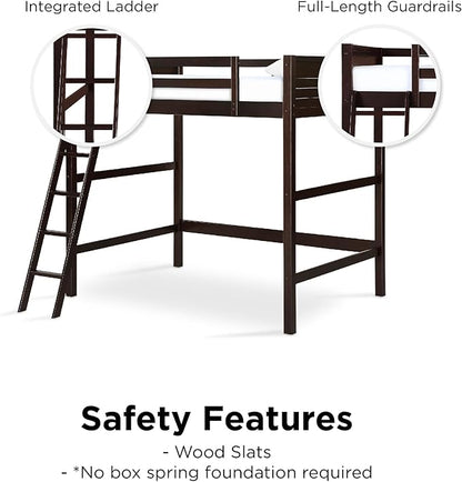 DHP Denver Full Size Loft Bed, Espresso Finish, Sturdy Wood Construction, Space-Saving Design, Kids Loft Bed