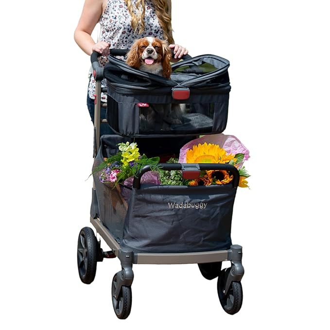 Pet Foldable Cart - Luxury Cat & Dog Stroller with Extra Large Shopping Basket, Cup Holders, & Ventilated Canopy - Easy Fold Pet Stroller for Cats & Dogs-Mewly Pet