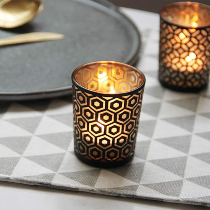 SHMILMH Halloween Votive Candle Holders Set of 12 Black Gold Glass Tealight Candle Holders with 4 Patterns Table Centerpiece for Halloween Party Table Decorations