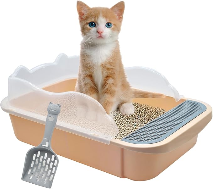 Open Cat Litter Box with High Side,Anti-Splashing Cats Litters Pan,Kitten Toilet with Litter Sifting Scoop,Semi-Enclosed Removable Kittens Litter for Boxes Easy to Clean No Odork(Khaki)-Mewly Pet